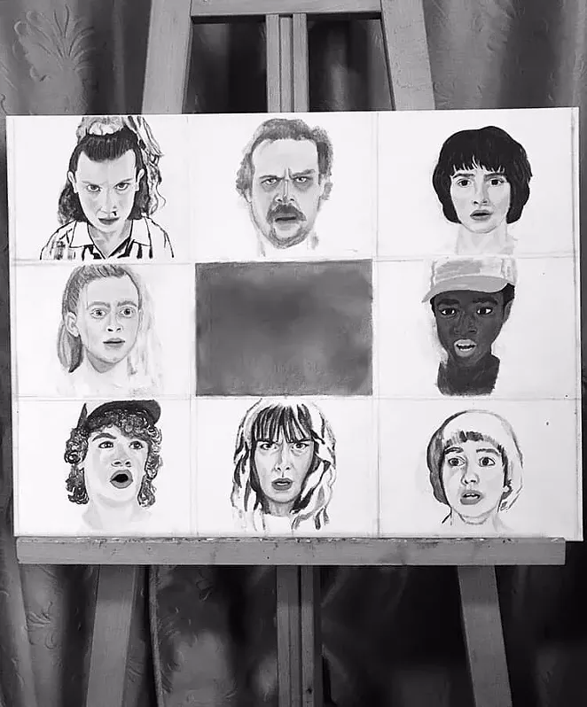 Artist Angela Farrias puts a Brady Bunch spin on the cast of characters from 'Stranger Things' in this piece that will be for sale at Brick. - LA LLORONA FACEBOOK