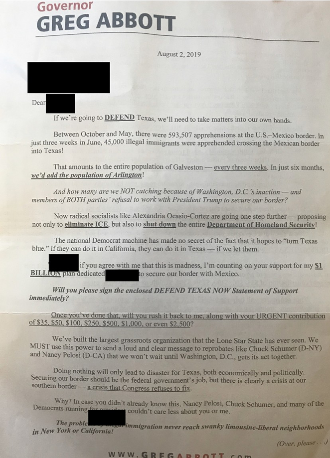 Greg Abbott's recent fundraising letter invokes anti-immigrant rhetoric and urges Republicans to "DEFEND" Texas. - TEXAS DEMOCRATIC PARTY