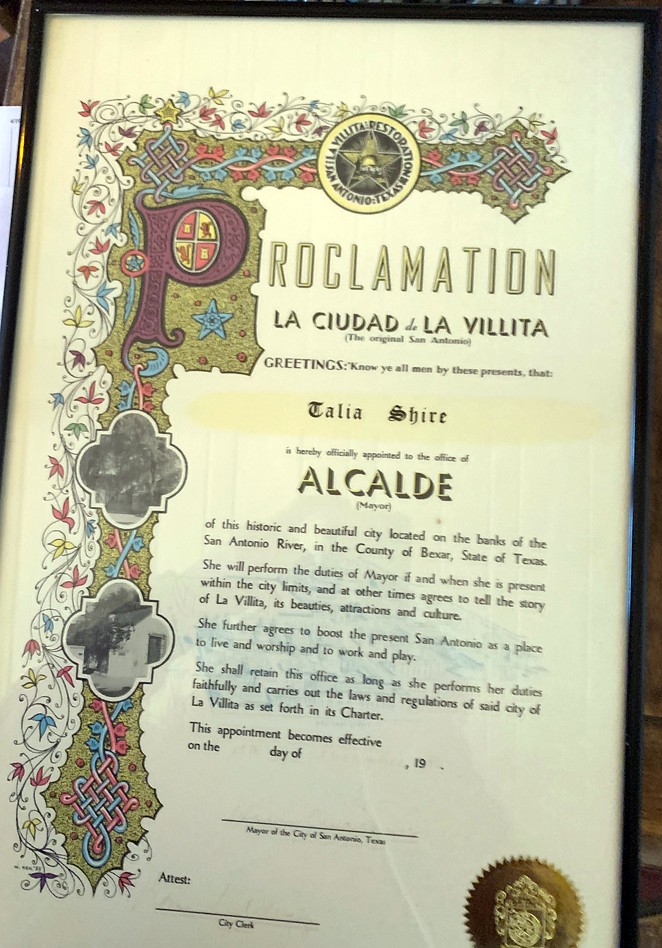 The official proclamation presented to actress Taila Shire in 1986 making her an honorary mayor by then-San Antonio mayor Henry Cisneros. - TALIA SHIRE