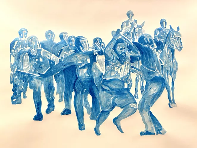 “Clearing the Way (for a photo op),” acrylic on paper, 30” x 35” - JEFF WHEELER