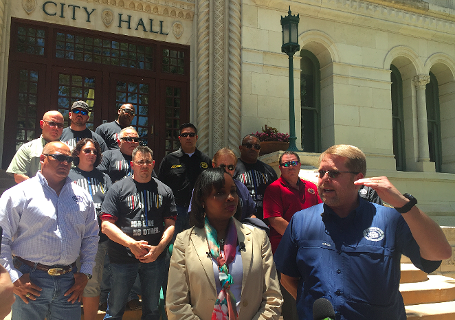 San Antonio Police Officers Association President Mike Helle endorses then-Mayor Ivy Taylor during a City Hall in a San Antonio Current file photo. - ALEX ZIELINSKI