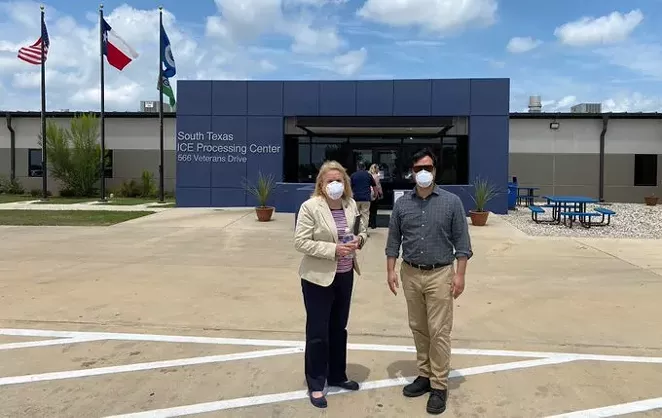 U.S. Reps. Sylvia Garcia (left) and Joaquin Castro stand outside of the ICE detention scenter in Dilley. - TWITTER / @REPSYLVIAGARCIA