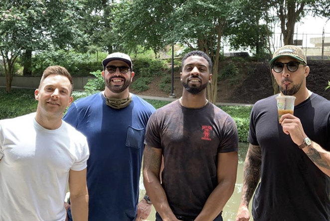 From left to right: Stevie Blue Eyes, Jay Schaub (Brendan's brother), Malik Bazille and Brendan Schaub on the River Walk on Saturday, June 27. Not pictured: Bryan Callen. - INSTAGRAM / BRENDANSCHAUB