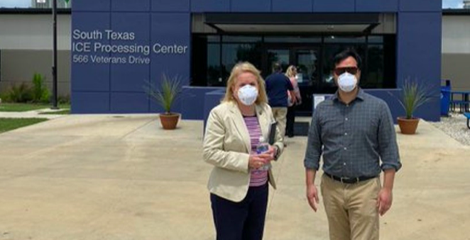U.S. Reps. Sylvia Garcia and Joaquin Castro stand in front of the Dilley detention site during a recent tour. - TWITTER / REPSYLVIAGARCIA