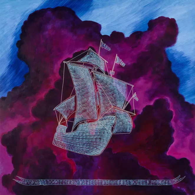 Richard Armendariz, Blown off Course, Blinded by spirits, 2020, Carved mixed media on panel, 48 x 48 in. - RICHARD ARMENDARIZ