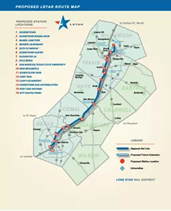 A map of the Lone Star Rail proposed line with stops between San Antonio and Georgetown - COURTESY