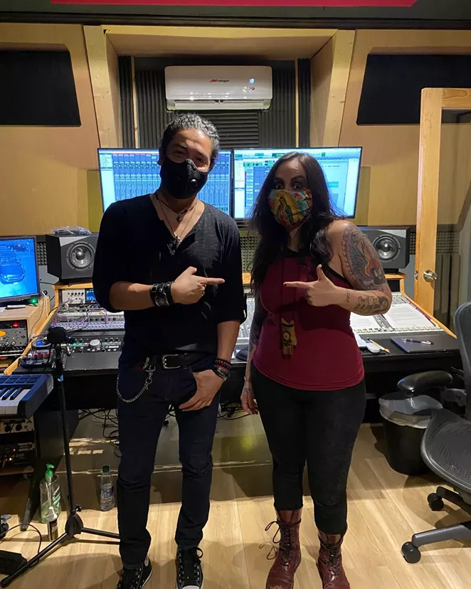 Perez and Diaz pose for a photo in the recording studio. - FACEBOOK / DÍA DE LOS MUERTOS CELEBRATION