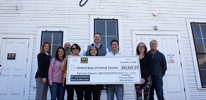 Sponsorship representatives present a check to United Way of Comal County. - COURTESY GRUENE HISTORIC DISTRICT