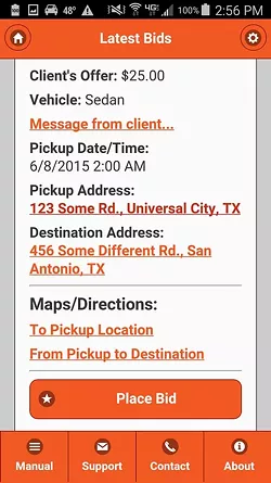 An example of the Bid My Ride interface - BID MY RIDE