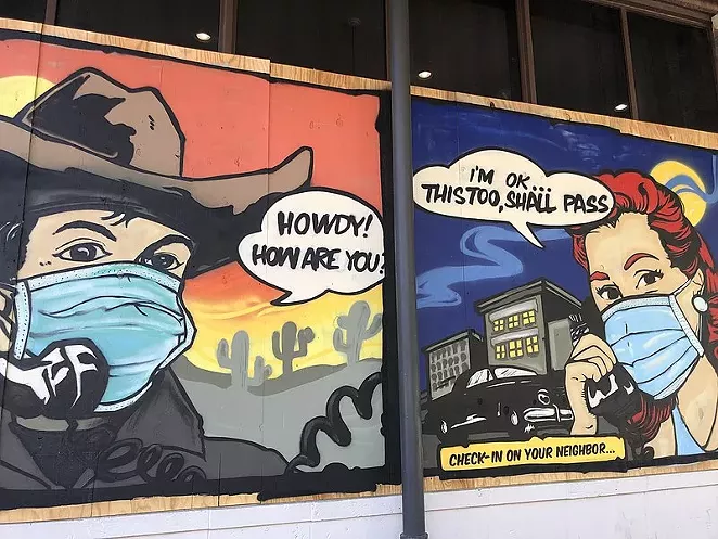 Public images created by artists who adorned boarded up storefronts on Austin's 6th Street entertainment district. - LEAH RODGERS / WIKIMEDIA COMMONS