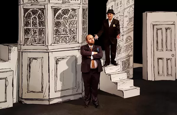 Ben Scharff (as Stanley Stubbers) and Erin Polewski (as Rachel/Roscoe Crabbe) in the Vex's production of One Man, Two Guvnors - PHOTO BY DAVID NOBLES