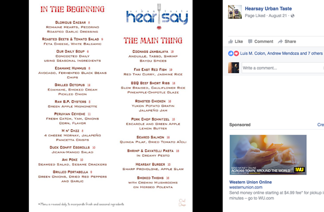 The original preview of the menu - FACEBOOK/HEARSAY