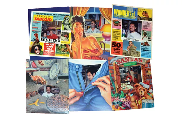 Kitschy greeting cards framing photos of Davis, Camacho and shop regulars;