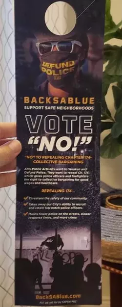 This door hanger claims a change to the way San Antonio police bargain for benefits would create "slower response times and more crime." - COURTESY OF FIX SAPD