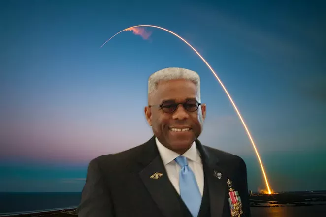West outlined his plans to launch portions of Texas into space at a recent meeting of the Poteet chapter of the International Flat Earth Society. - PHOTO MANIPULATION OF IMAGES FROM FACEBOOK / ALLEN WEST AND UNSPLASH / SPACEX
