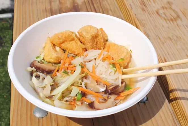 HP's new vegan option features veggie broth, tofu, mushrooms, carrots and cabbage. - PHOTO COURTESY HELLO PARADISE