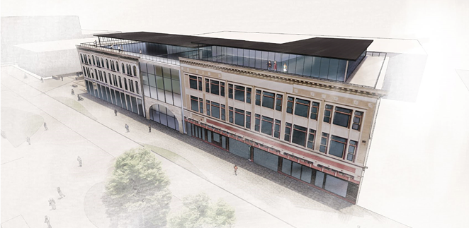 A conceptual rendering of the Alamo Visitor Center and Museum, with the Crockett and Woolworth Buildings repurposed. - COURTESY / ALAMO TRUST