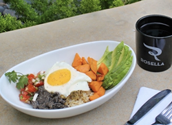 Rosella's new Mexi Bowl features brown rice, refried black beans, roasted sweet potatoes, pico de gallo, sliced avocado, and shredded pork in mojo sauce topped with a fried egg. - INSTAGRAM / 1221BROADWAY