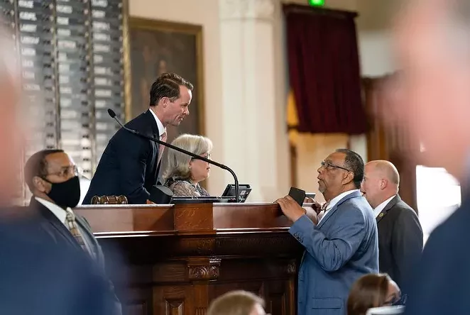 House Speaker Dade Phelan speaks with legislators on the opening day of the special session at the Texas Capitol on July 8, 2021. The special session ends this Friday. - TEXAS TRIBUNE / SOPHIE PARK
