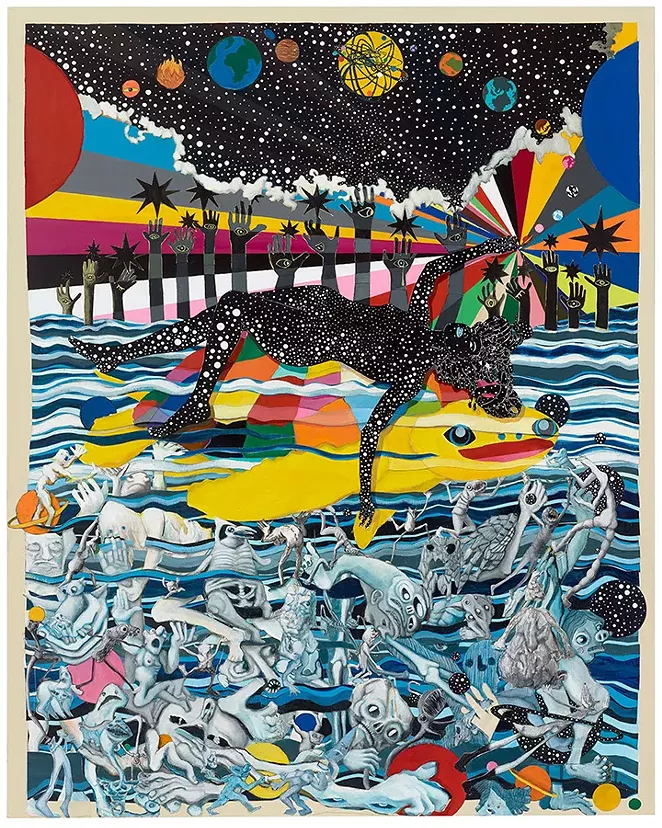 JooYoung Choi, Tourmaline the Celestial Architect, 2018, Acrylic and paper on canvas, 5 x 4 ft. - IMAGE COURTESY THE ARTIST AND NANCY LITTLEJOHN FINE ART, HOUSTON. © JOOYOUNG CHOI 2019.