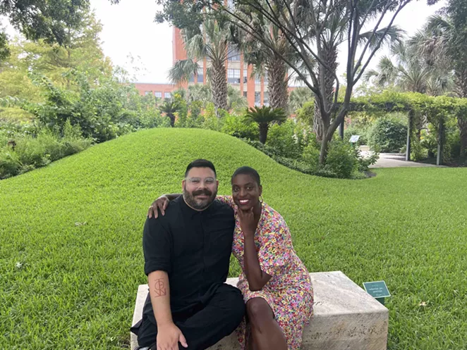 2021 Texas Biennial co-curators and artistic directors Evan Garza and Ryan N. Dennis photographed at Ruby City’s Chris Park. - BARBARA MIÑARRO