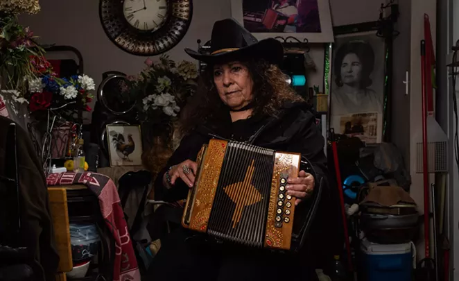 San Antonio: Eva Ybarra, the Accordion Queen, poses for a portrait. After years without broad recognition, she is finally getting her due. - TEXAS OBSERVER / IVAN ARMANDO FLORES