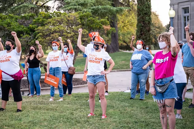 Women lead a San Antonio protest earlier this month against Texas' restrictive new abortion law. - JAIME MONZON