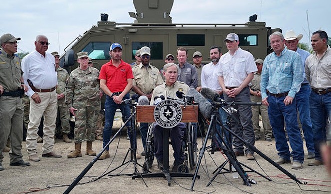 Gov. Greg Abbott speaks during one of his recent photo ops at the border. - COURTESY PHOTO / OFFICE OF THE GOVERNOR