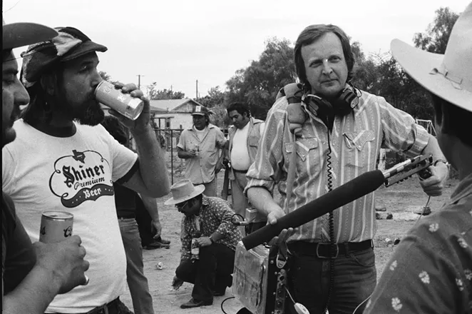 Les Blank (with beer) and Chris Strachwitz (with microphone) capture interviews for the 1976 documentary Chulas Fronteras. - CHRIS STRACHWITZ © ARHOOLIE FOUNDATION
