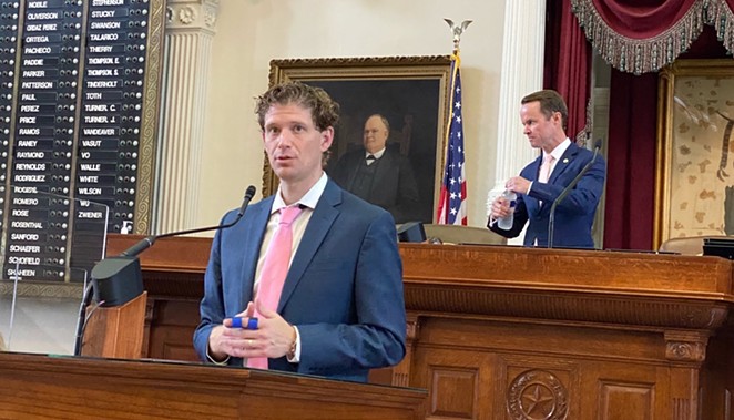 Conservative crusader and hair-product novice State Rep. Matt Krause speaks in front of the Texas House. - TWITTER / @REPMATTKRAUSE