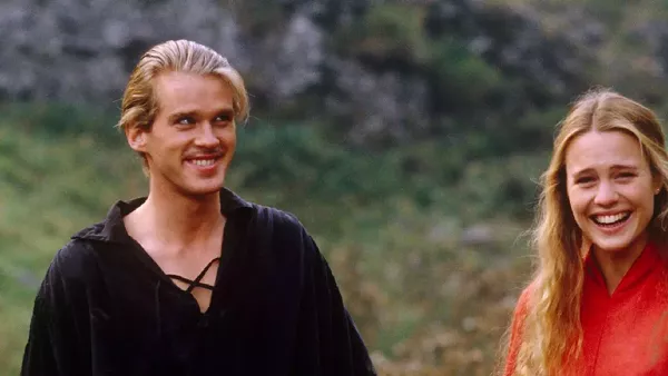 Elwes and Wright sharing a laugh on the the set of The Princess Bride. - TWENTIETH CENTURY FOX