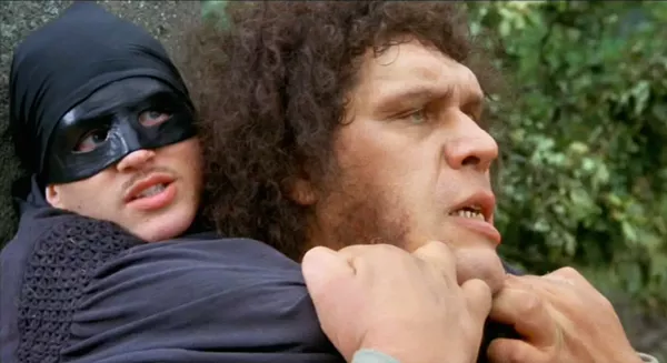 The Man in Black (Elwes) fights Fezzik (André the Giant) sportsmanlike - skill against skill alone. - TWENTIETH CENTURY FOX