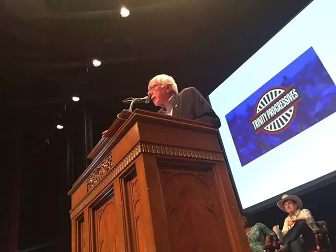 Former presidential candidate and Vermont Sen. Bernie Sanders addresses a crowd at Trinity's Laurie Auditorium Friday night. - SANFORD NOWLIN