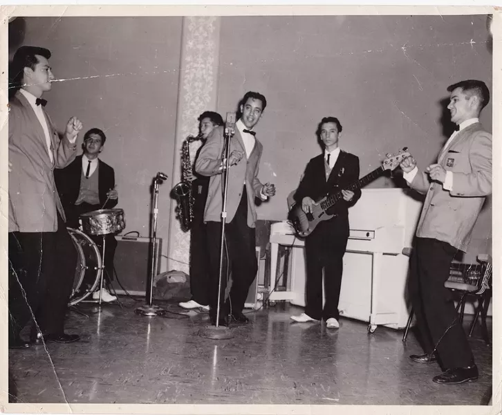 From the '50s to the '70s, The Royal Jesters were one of San Antonio's most requested soul outfits. Here's the group rehearsing at Municipal Auditorium (left to right: Oscar Lawson, Louie Escalante, Henry Hernandez, Dimas Garza). - COURTESY