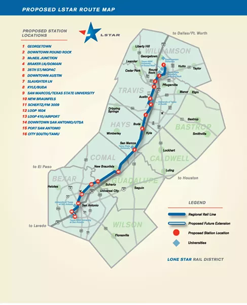 A map of the Lone Star Rail proposed line with stops between San Antonio and Georgetown - COURTESY