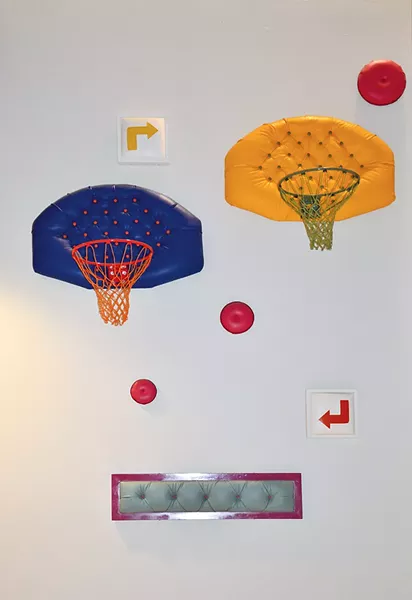 Ethel Shipton’s “Chances 1,” “Chances 2,” “Choices” and “R&R II” are sometimes too popular with fans who attempt to dunk on the upholstered b-ball backboards.
