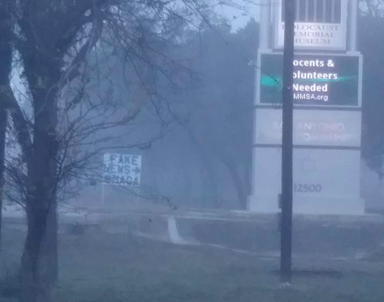 A spray-painted sign reading "FAKE NEWS" was placed in front of the Holocaust Memorial Museum of San Antonio late last year. - FACEBOOK / SAKIB SHAIKH