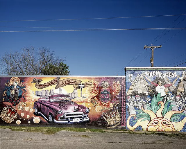 Mural on building on Guadalupe Street and South Chupaderas in the Avenida Guadalupe neighborhood located on the West side of San Antonio, Texas, 03/17/2005. - CAROL HIGHSMITH/LIBRARY OF CONGRESS VIA PINGNEWS.