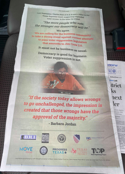 The ad taken out by Texas progressive groups includes a photo of Barbara Jordan, - TWITTER / @PROGRESSTX