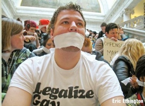 Activist for Equality Eric Ethington protesting legislative indifference to discussing LGBT rights during the 2010 legislative session