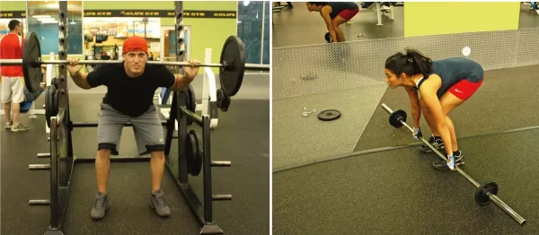 Calin Perry, left, shows proper form for  the “good morning”; his wife, Tasharac,  right, demonstrates the start of the deadlift - WINA STURGEON