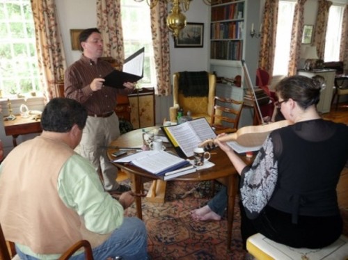 Christopher LeCluyse (standing) and Al Cofrin (seated left) rehearse for Chevrefoil