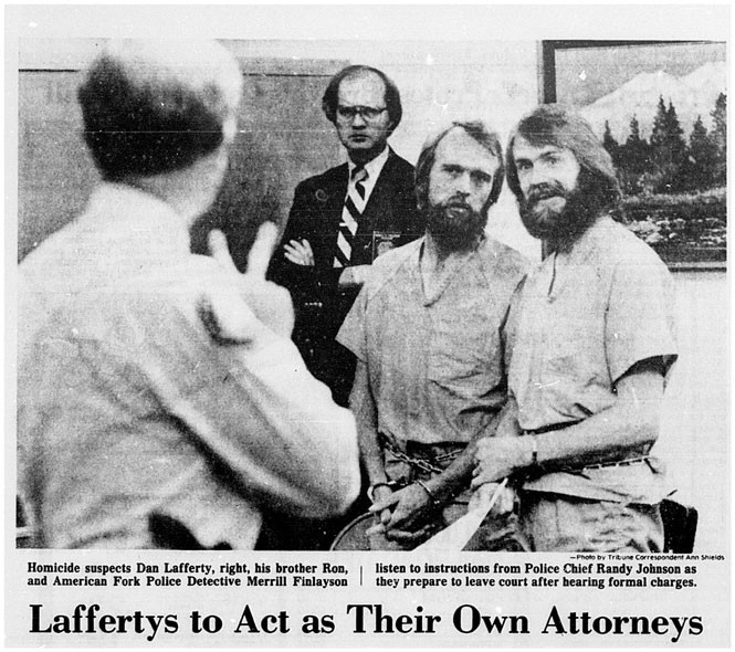 In this photo from The Salt Lake Tribune, Ron and Dan Lafferty receive instructions from a court official during their first court appearance, in 1984.