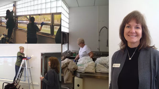 (Left) Volunteers help convert a vacant schoolhouse into a hospice-care facility for the homeless. (Right) Kim Correa, executive director of INN Between.