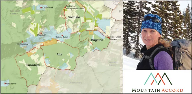 Right: Laynee Jones, Mountain Accord program manager. Left: The blueprint would allow some development in exchange for - protection of private land, shaded in blue.