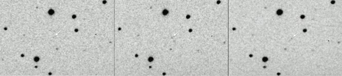 This sequence of low-resolution telescope images show Univofutah as it moves across the sky (look for the tiny white arrow). - PATRICK WIGGINS