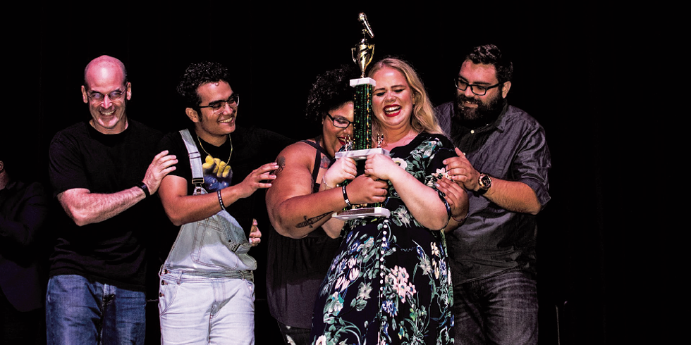 Left to right: Jesse Parent, Jose Soto, Tanesha Nicole, Dorothy McGinnis and RJ Walker celebrate their fourth place finish at the National Poetry Slam. - LEE CHAPMAN