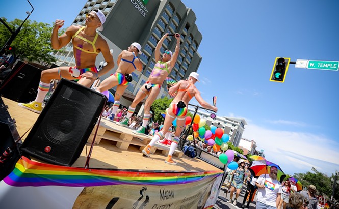A traditionally powered float makes its way through downtown Salt Lake City streets during the 2019 Utah Pride Parade. - STEVE CONLIN PHOTO