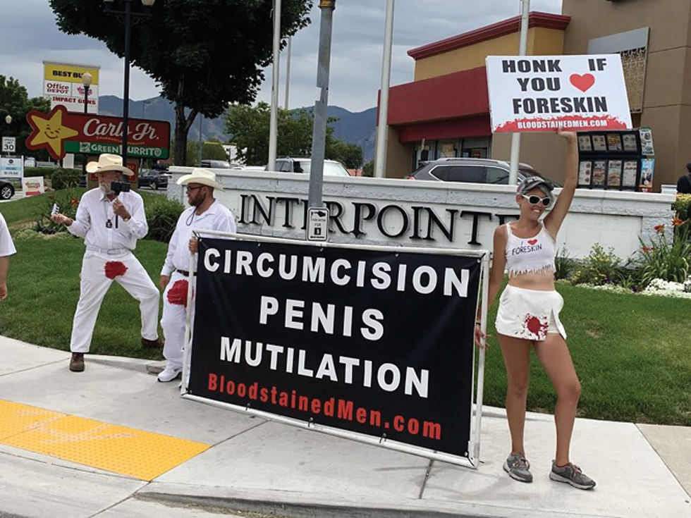 “Blood Stained Men” held demonstrations around the West, including Utah, protesting alleged harms that come from infant male circumcision. - ISAIAH PORITZ