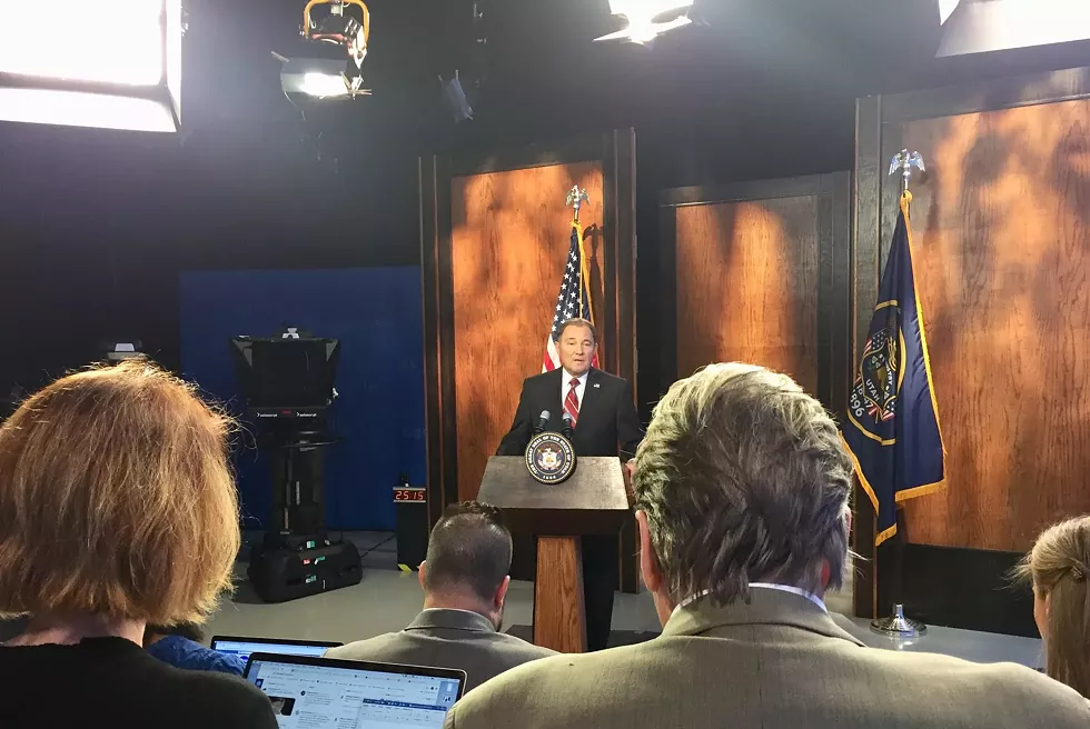 Gov. Gary Herbert addresses questions from local media during his monthly news conference inside the PBS Utah studios. - ENRIQUE LIMÓN